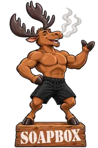 Moose on the Loose standing on his soapbox