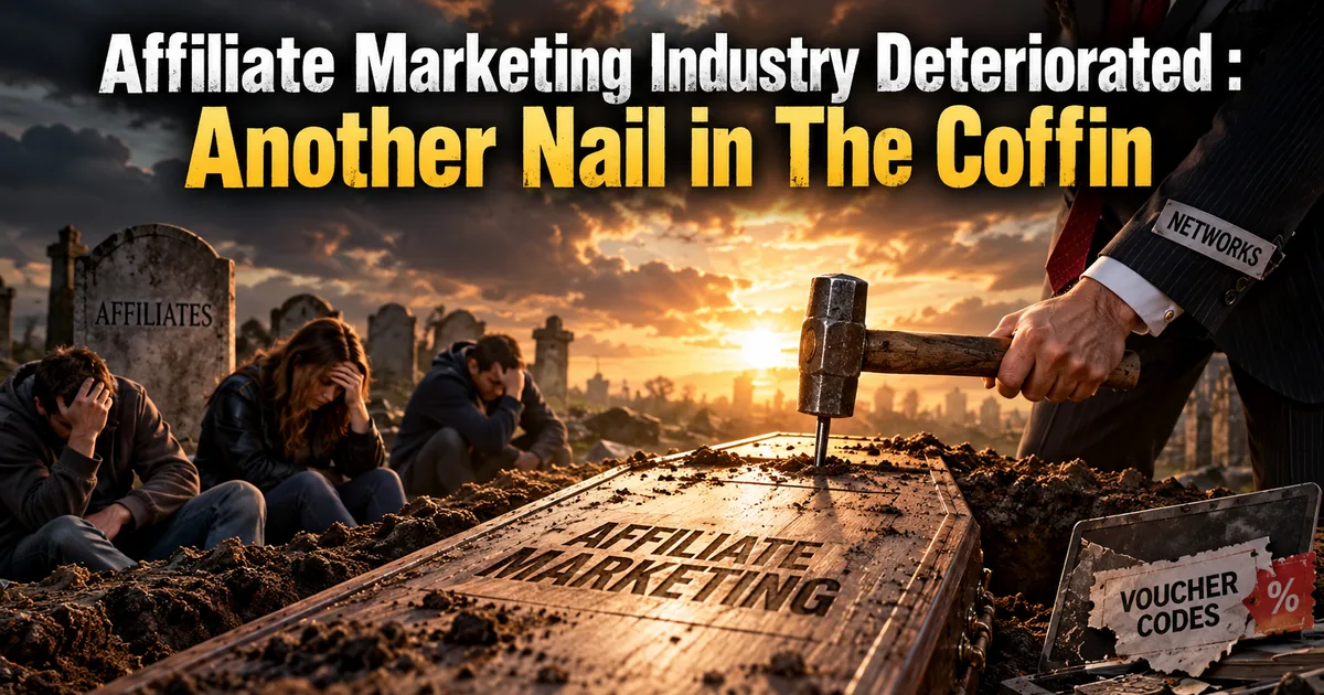 A hammer nailing shut a coffin labelled Affiliate Marketing while worried affiliates sit among gravestones at sunset