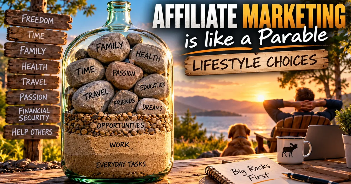 A glass demijohn filled with big rocks labelled family, health, time and dreams, then gravel, sand and water, beside a man relaxing at sunset with his dog