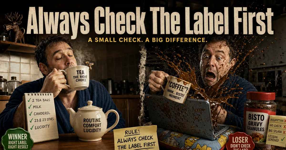 A man calmly drinking tea beside another spitting out coffee made with gravy granules