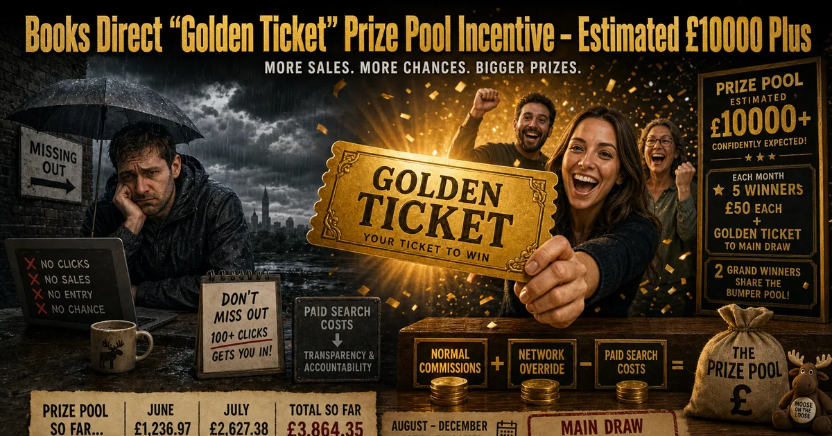 Illustration for the post: Books Direct “Golden Ticket” Prize Pool Incentive – Estimated £10000 Plus