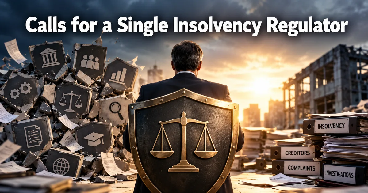 A man holding a shield with the scales of justice beside stacks of insolvency, creditor and complaint files