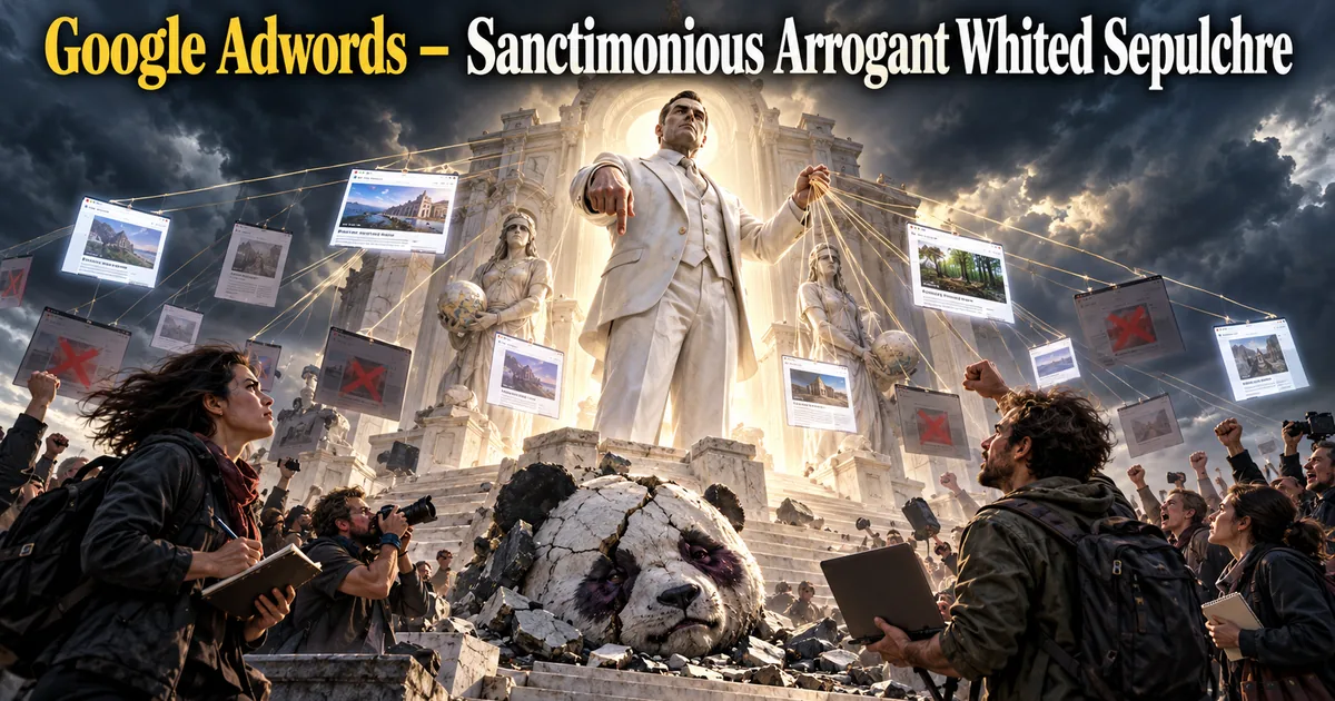 A towering white statue pulling strings over web pages above a crowd of angry webmasters and a broken panda statue