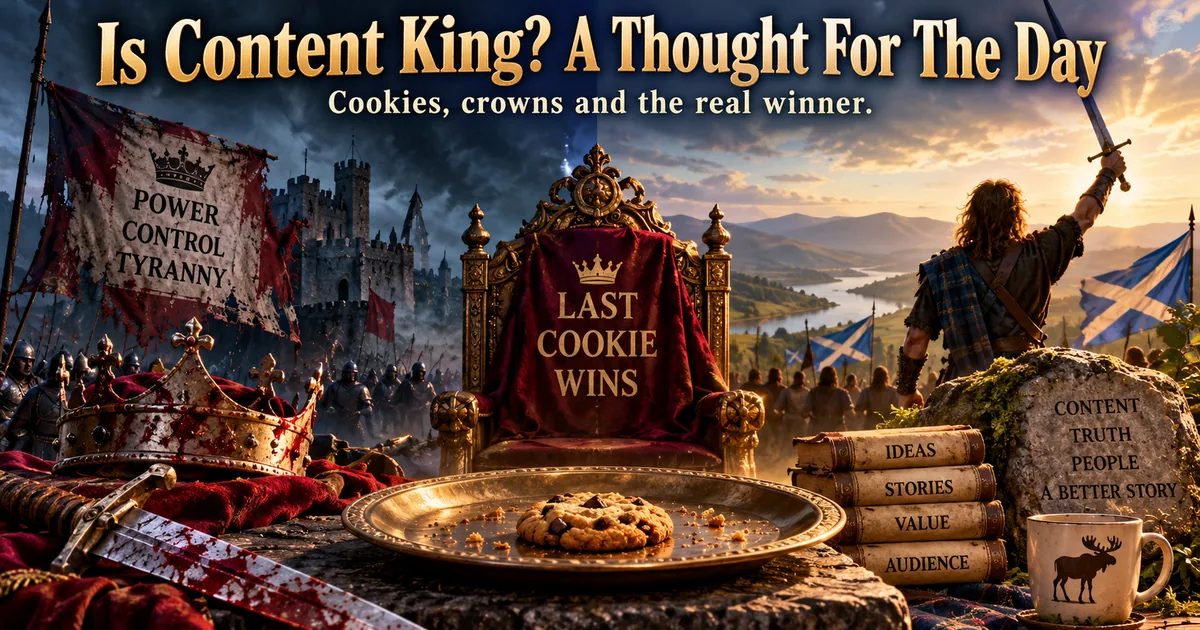 An empty throne marked Last Cookie Wins between a fallen crown and a Highland warrior, with a cookie on a plate and a moose mug