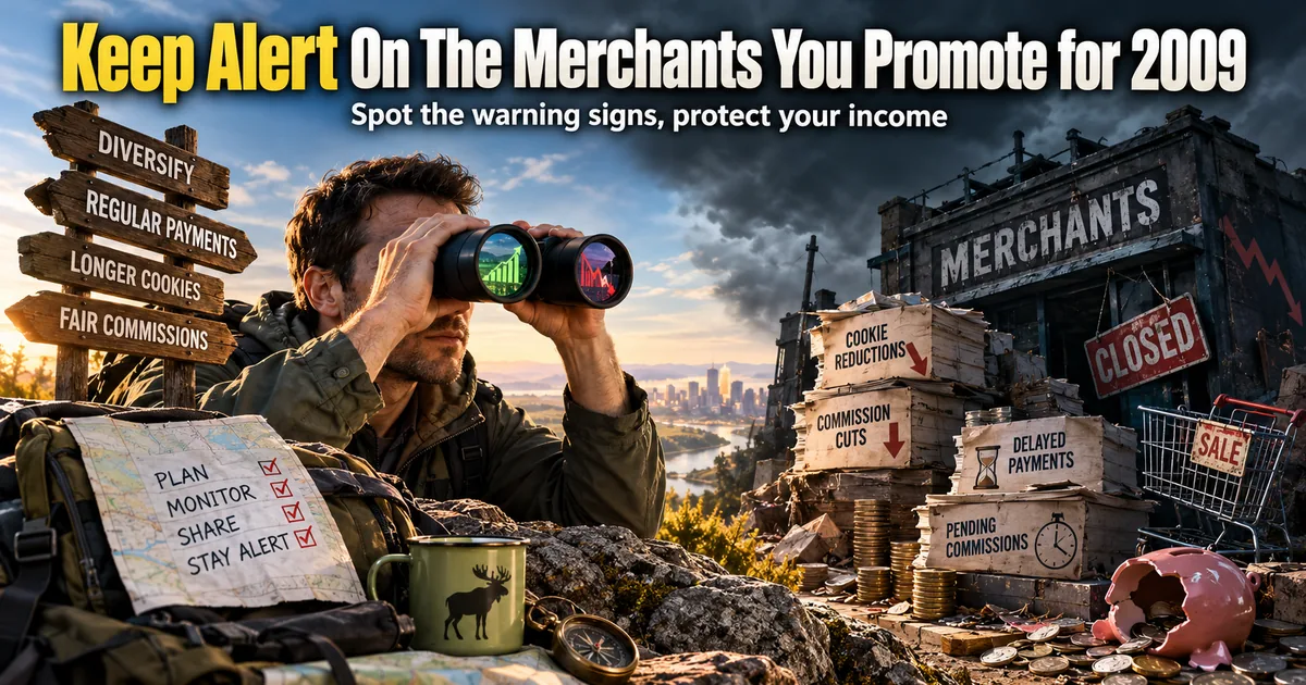 An affiliate watching through binoculars as a merchant shop crumbles with commission cuts and delayed payments, beside a moose mug