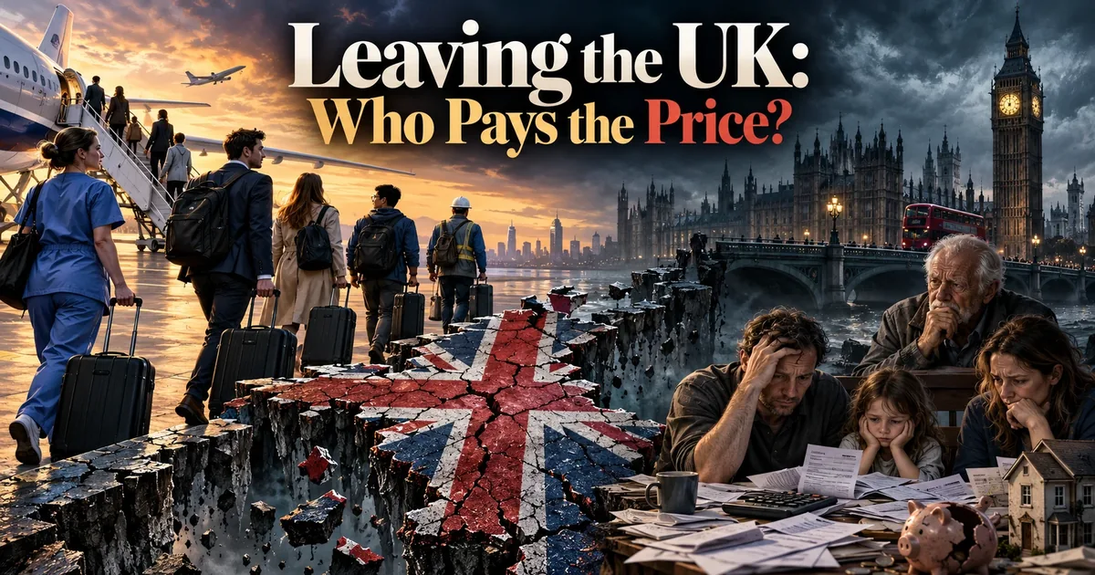 Skilled workers leaving the UK by plane while a worried family left behind sits with bills, Westminster in the background