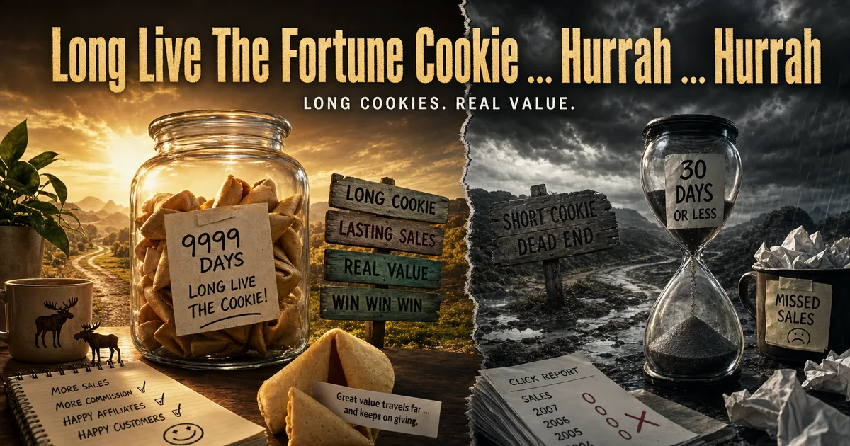 A jar of fortune cookies marked 9999 days beside a short cookie sign and an hourglass of missed sales