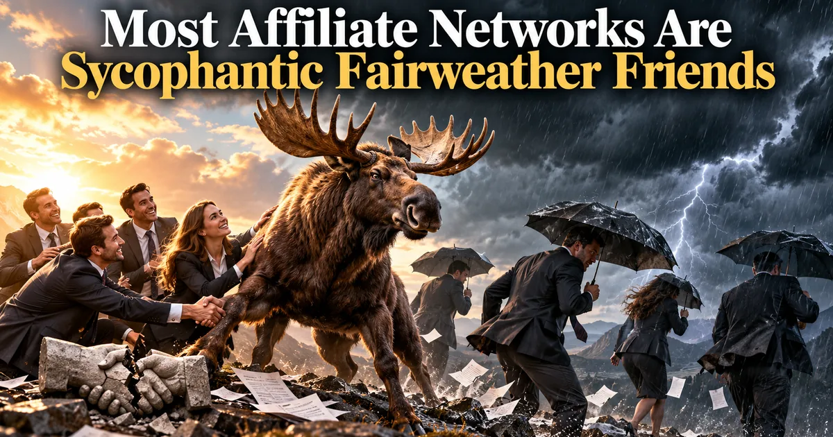 A moose standing firm in a storm while fair weather friends in suits run off under umbrellas