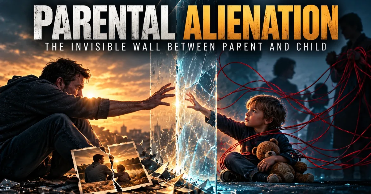 A father reaching through a cracked glass wall towards his young son, who is tangled in red threads held by shadowy figures