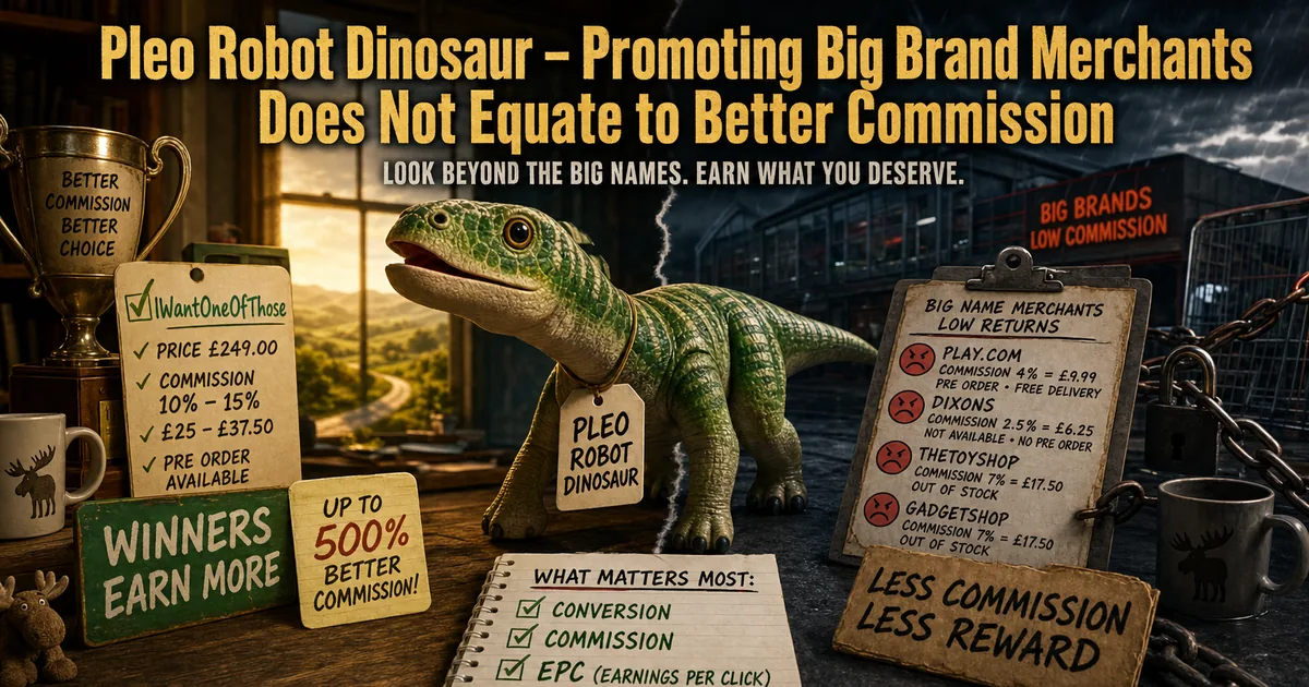 Illustration for the post: Pleo Robot Dinosaur – Promoting Big Brand Merchants Does Not Equate to Better Commission