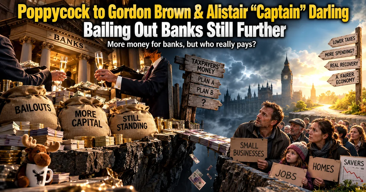 Bankers toasting over bailout money bags on one side of a chasm while small businesses, savers and families hold signs on the other