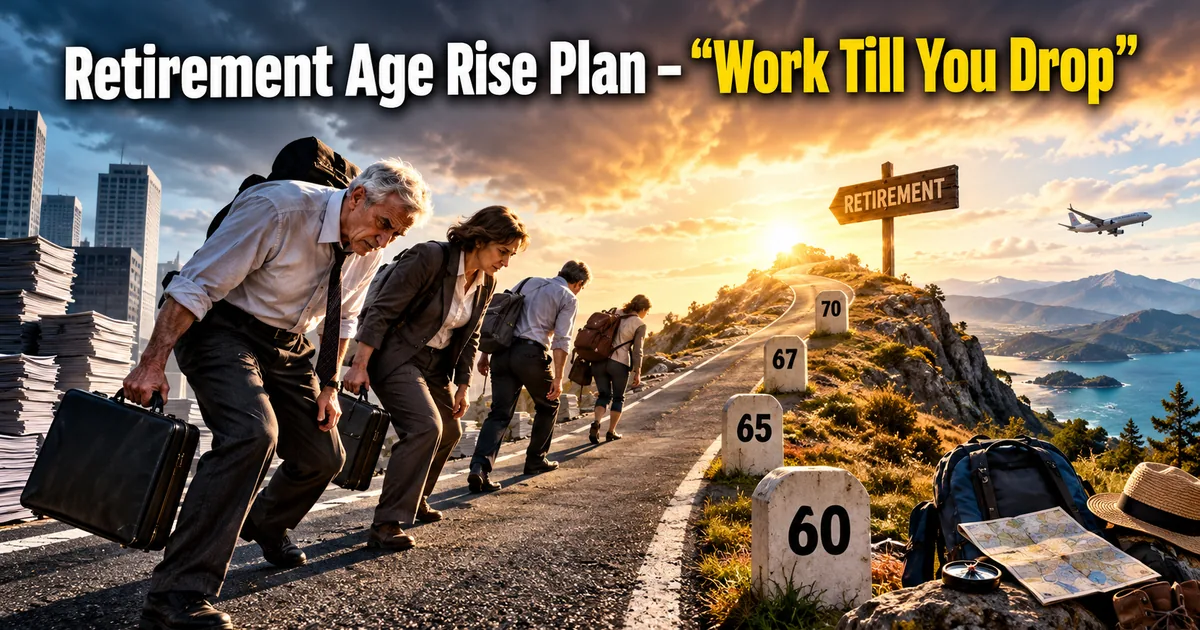 Older workers in suits carrying briefcases trudging uphill past age markers 60 to 70 towards a distant retirement sign