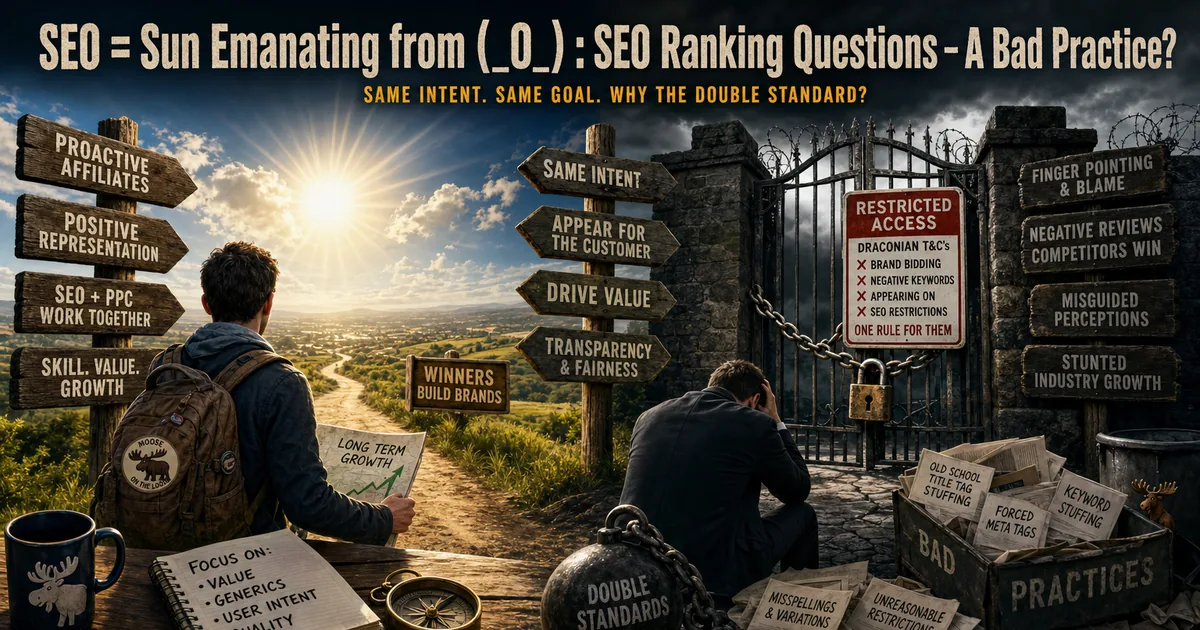 An affiliate walking a sunny path of proactive SEO while a locked gate marks restricted access and bad practices