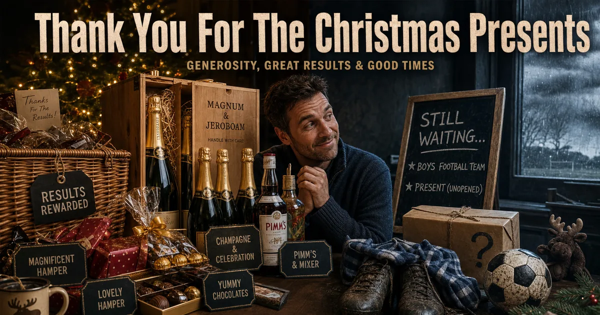 A table of Christmas champagne, hampers and chocolates beside a man still waiting by a chalkboard