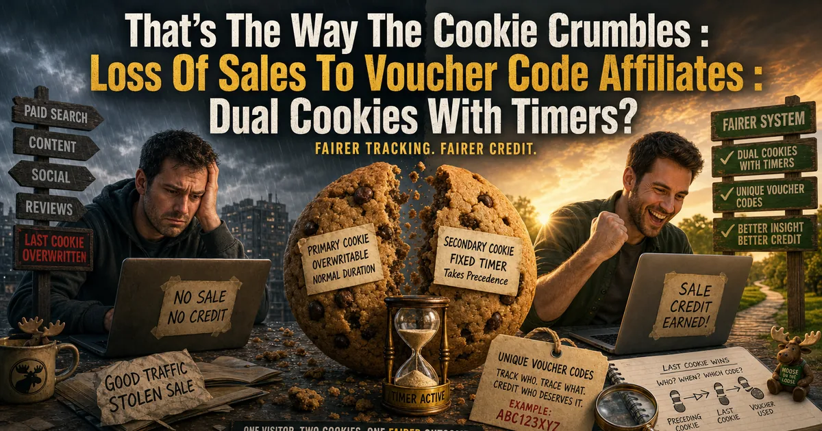 A giant crumbling cookie with an hourglass between a sad affiliate with no sale and a happy one with credit earned