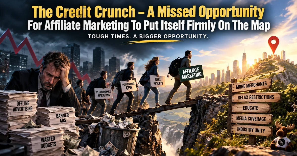 A worried executive among wasted advertising budgets while affiliate marketers cross a bridge towards a sunlit city and a pin on the map