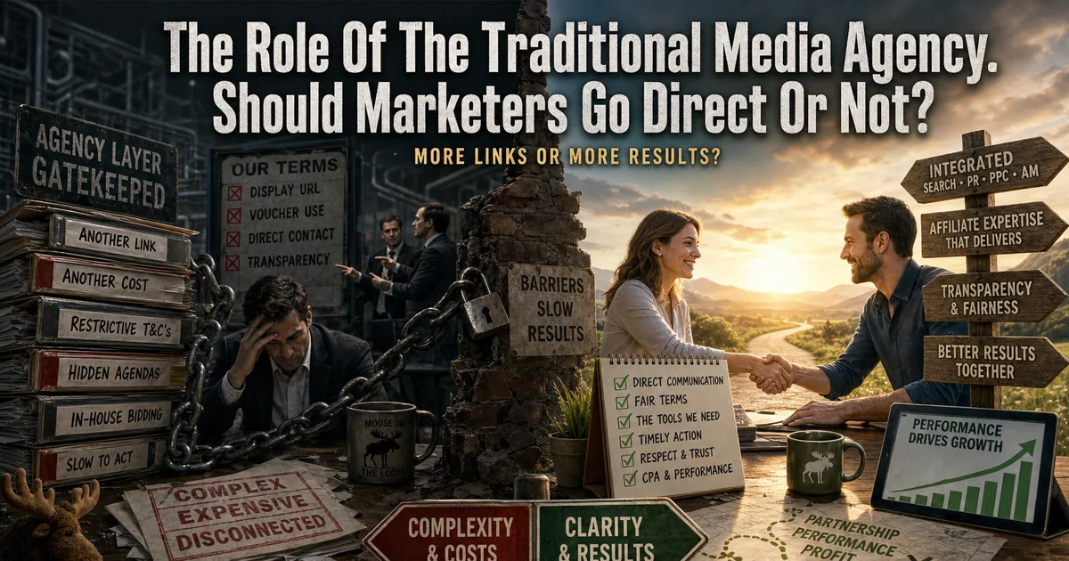 A gatekeeping agency desk of costs and barriers beside a marketer shaking hands directly with an affiliate