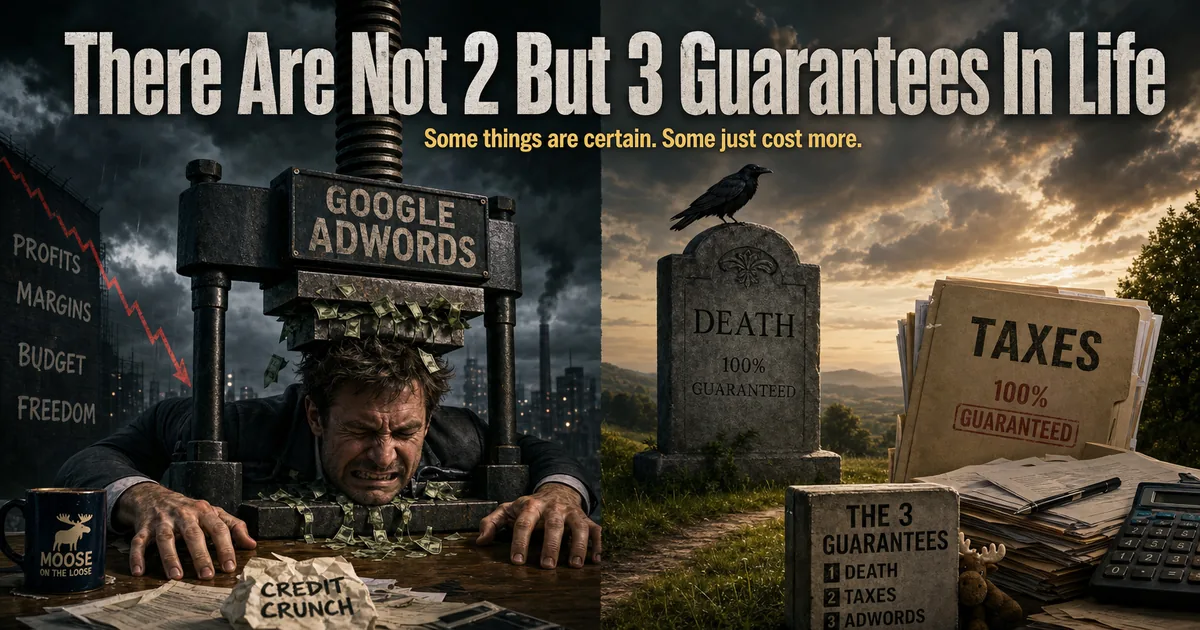 A man crushed under a Google Adwords press beside gravestones for death and taxes