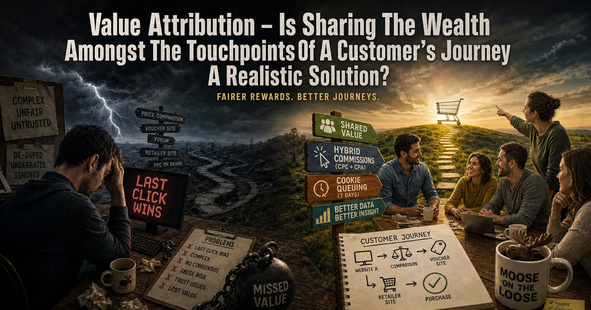 A frustrated affiliate under a last click wins sign beside a team sharing value along the customer journey