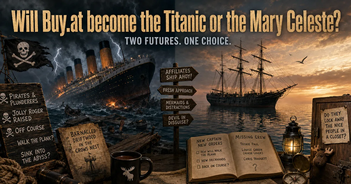 Illustration for the post: Will Buy.at become the Titanic or the Mary Celeste?
