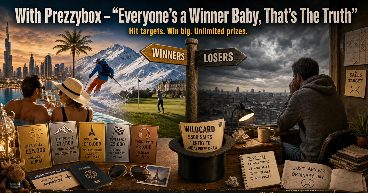 Winners enjoying holiday prizes beside a losers signpost and a wildcard prize ticket
